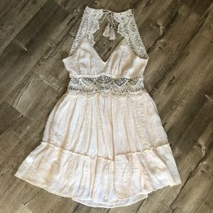 Entro Natural Scalloped Crochet Lace Short Dress L